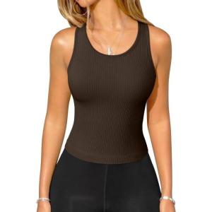 imageOQQ Womens Tank Tops with Medium Support Removeable Bra Crew Neck Stretch Casusal Crop CamisDarkbrown