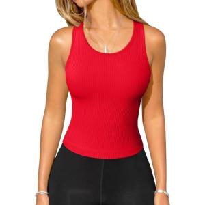imageOQQ Womens Tank Tops with Medium Support Removeable Bra Crew Neck Stretch Casusal Crop CamisRed