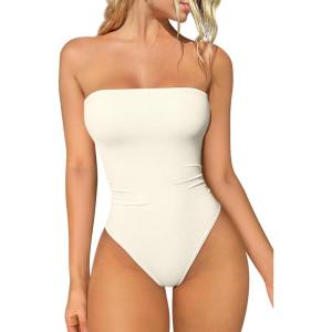 imageOQQ Womens Tube Bodysuits Strapless Basic Sleeveless Ruched Stretch ClassicFit Tops Sexy BodysuitsBeige