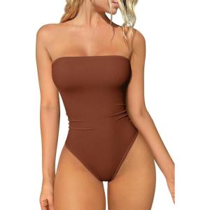imageOQQ Womens Tube Bodysuits Strapless Basic Sleeveless Ruched Stretch ClassicFit Tops Sexy BodysuitsCaramel