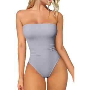 imageOQQ Womens Tube Bodysuits Strapless Basic Sleeveless Ruched Stretch ClassicFit Tops Sexy BodysuitsGrey