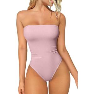 imageOQQ Womens Tube Bodysuits Strapless Basic Sleeveless Ruched Stretch ClassicFit Tops Sexy BodysuitsHide Pink