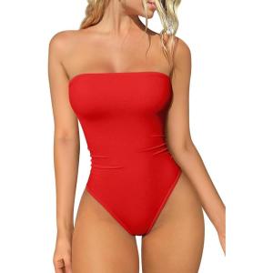 imageOQQ Womens Tube Bodysuits Strapless Basic Sleeveless Ruched Stretch ClassicFit Tops Sexy BodysuitsRed