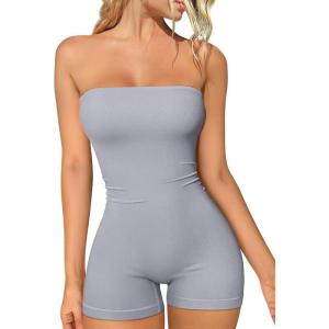 imageOQQ Womens Tube Rompers Summer Strapless Basic Sleeveless Ruched Stretch ClassicFit Sexy Rompers 2025Grey