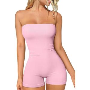 imageOQQ Womens Tube Rompers Summer Strapless Basic Sleeveless Ruched Stretch ClassicFit Sexy Rompers 2025Pink Cherry Blossom
