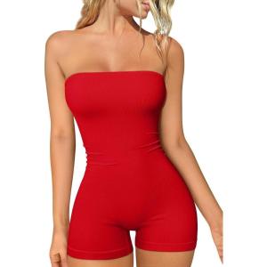 imageOQQ Womens Tube Rompers Summer Strapless Basic Sleeveless Ruched Stretch ClassicFit Sexy Rompers 2025Red