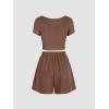 imageOQQ Two Piece Sets for Women Summer Outfits Lounge Set Short Sleeve Tops Wide Leg Shorts Vacation TravelCoffee