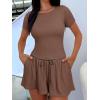 imageOQQ Two Piece Sets for Women Summer Outfits Lounge Set Short Sleeve Tops Wide Leg Shorts Vacation TravelCoffee