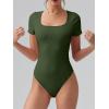 imageOQQ Women Bodysuits Ruched Short Sleeve Square Neck Stretch Lounge Travel BodysuitsArmygreen