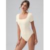 imageOQQ Women Bodysuits Ruched Short Sleeve Square Neck Stretch Lounge Travel BodysuitsBeige