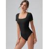 imageOQQ Women Bodysuits Ruched Short Sleeve Square Neck Stretch Lounge Travel BodysuitsBlack