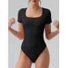 imageOQQ Women Bodysuits Ruched Short Sleeve Square Neck Stretch Lounge Travel BodysuitsBlack
