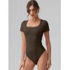 imageOQQ Women Bodysuits Ruched Short Sleeve Square Neck Stretch Lounge Travel BodysuitsDarkbrown