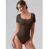 imageOQQ Women Bodysuits Ruched Short Sleeve Square Neck Stretch Lounge Travel BodysuitsDarkbrown