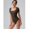 imageOQQ Women Bodysuits Ruched Short Sleeve Square Neck Stretch Lounge Travel BodysuitsDarkbrown