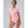 imageOQQ Women Bodysuits Ruched Short Sleeve Square Neck Stretch Lounge Travel BodysuitsPink Bean Paste