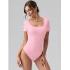 imageOQQ Women Bodysuits Ruched Short Sleeve Square Neck Stretch Lounge Travel BodysuitsPink Bean Paste