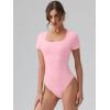 imageOQQ Women Bodysuits Ruched Short Sleeve Square Neck Stretch Lounge Travel BodysuitsPink Bean Paste