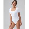 imageOQQ Women Bodysuits Ruched Short Sleeve Square Neck Stretch Lounge Travel BodysuitsWhite