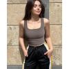 imageOQQ Womens 2 Piece Shirts Ruched Sleeveless Square Neck Seamless Stretch Fit Basic Tee TopsBlack tea Leaf