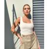 imageOQQ Womens 2 Piece Shirts Ruched Sleeveless Square Neck Seamless Stretch Fit Basic Tee TopsPea Green beige