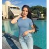 imageOQQ Womens 2 Piece Tops Short Sleeve Crew Neck Ruched Stretch Fitted Tee Shirts TopsGreen haze Blue