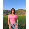 imageOQQ Womens 2 Piece Tops Short Sleeve Crew Neck Ruched Stretch Fitted Tee Shirts TopsWhite candypink