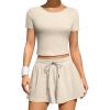 imageOQQ Two Piece Sets for Women Summer Outfits Lounge Set Short Sleeve Tops Wide Leg Shorts Vacation TravelHeather Grey