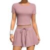 imageOQQ Two Piece Sets for Women Summer Outfits Lounge Set Short Sleeve Tops Wide Leg Shorts Vacation TravelPink Beanpaste