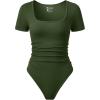 imageOQQ Women Bodysuits Ruched Short Sleeve Square Neck Stretch Lounge Travel BodysuitsArmygreen