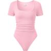 imageOQQ Women Bodysuits Ruched Short Sleeve Square Neck Stretch Lounge Travel BodysuitsPink Bean Paste