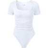 imageOQQ Women Bodysuits Ruched Short Sleeve Square Neck Stretch Lounge Travel BodysuitsWhite