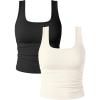 imageOQQ Womens 2 Piece Shirts Ruched Sleeveless Square Neck Seamless Stretch Fit Basic Tee TopsBlack beige