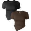 imageOQQ Womens 2 Piece Tops Short Sleeve Crew Neck Ruched Stretch Fitted Tee Shirts TopsBlack darkbrown