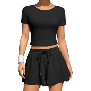 imageOQQ Two Piece Sets for Women Summer Outfits Lounge Set Short Sleeve Tops Wide Leg Shorts Vacation TravelBlack
