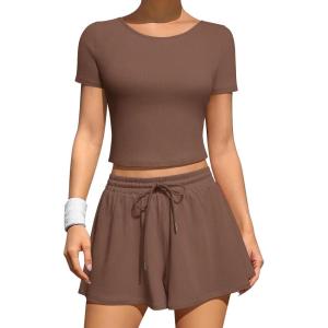 imageOQQ Two Piece Sets for Women Summer Outfits Lounge Set Short Sleeve Tops Wide Leg Shorts Vacation TravelCoffee