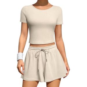 imageOQQ Two Piece Sets for Women Summer Outfits Lounge Set Short Sleeve Tops Wide Leg Shorts Vacation TravelHeather Grey