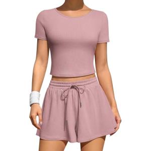 imageOQQ Two Piece Sets for Women Summer Outfits Lounge Set Short Sleeve Tops Wide Leg Shorts Vacation TravelPink Beanpaste