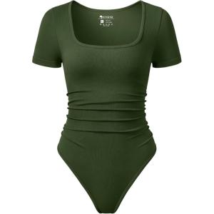 imageOQQ Women Bodysuits Ruched Short Sleeve Square Neck Stretch Lounge Travel BodysuitsArmygreen