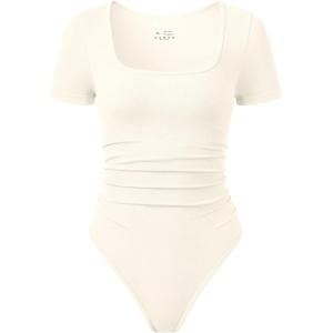imageOQQ Women Bodysuits Ruched Short Sleeve Square Neck Stretch Lounge Travel BodysuitsBeige