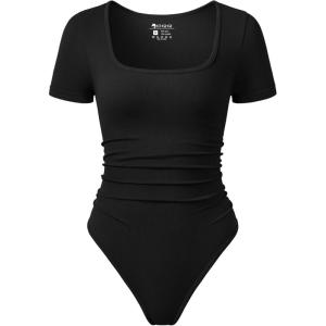 imageOQQ Women Bodysuits Ruched Short Sleeve Square Neck Stretch Lounge Travel BodysuitsBlack