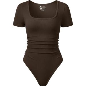 imageOQQ Women Bodysuits Ruched Short Sleeve Square Neck Stretch Lounge Travel BodysuitsDarkbrown