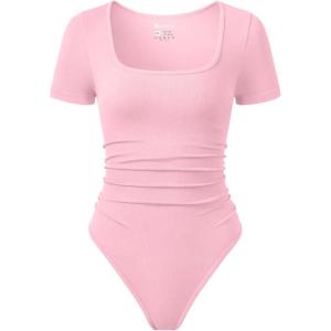 imageOQQ Women Bodysuits Ruched Short Sleeve Square Neck Stretch Lounge Travel BodysuitsPink Bean Paste