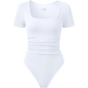 imageOQQ Women Bodysuits Ruched Short Sleeve Square Neck Stretch Lounge Travel BodysuitsWhite