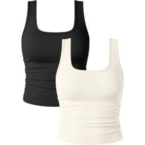 imageOQQ Womens 2 Piece Shirts Ruched Sleeveless Square Neck Seamless Stretch Fit Basic Tee TopsBlack beige