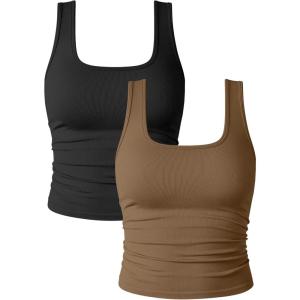 imageOQQ Womens 2 Piece Shirts Ruched Sleeveless Square Neck Seamless Stretch Fit Basic Tee TopsBlack coffee