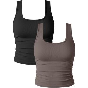 imageOQQ Womens 2 Piece Shirts Ruched Sleeveless Square Neck Seamless Stretch Fit Basic Tee TopsBlack tea Leaf