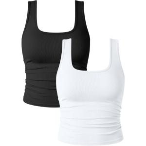 imageOQQ Womens 2 Piece Shirts Ruched Sleeveless Square Neck Seamless Stretch Fit Basic Tee TopsBlack white
