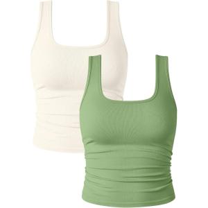 imageOQQ Womens 2 Piece Shirts Ruched Sleeveless Square Neck Seamless Stretch Fit Basic Tee TopsPea Green beige