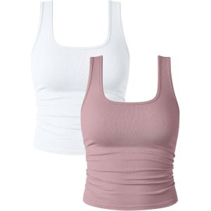 imageOQQ Womens 2 Piece Shirts Ruched Sleeveless Square Neck Seamless Stretch Fit Basic Tee TopsWhite hide Pink